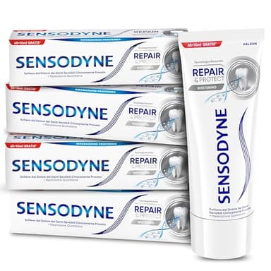 Sensodyne Repair&Protect Whitening, Dentifricio per Denti Sensibili Effetto Sbiancante*, Ripara Rinforza e Protegge, Gusto Menta Fresca, Pacco da 4x75ml