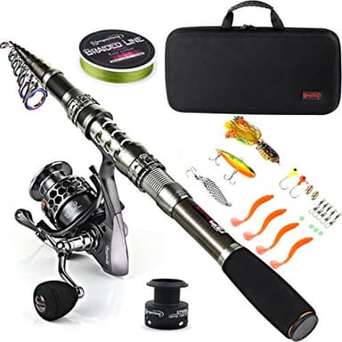 Sougayilang - Canna da pesca telescopica e mulinello in fibra di carbonio e accessori per viaggi in oceano e pesca d' acqua dolce e salata, Fishing Full Kits with Carrier Case, 2.4M/7.87FT