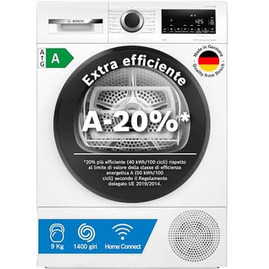 Bosch WGB24400IT Serie 8 Lavatrice smart a carica frontale, 9 kg, 1400 giri, Efficienza energetica A -20%, motore inverter con 10 anni di garanzia, riduce le pieghe, Bianco, 60 Cm