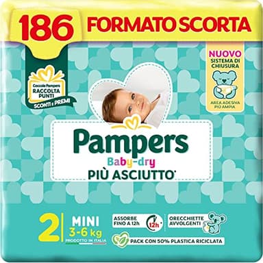Pampers Baby Dry Mini, Taglia 2 (3-6 kg), Formato Scorta, Barriere Anti-Fuoriuscite, Più Asciutto Fino a 12h, Linguette Rinforzate e Avvolgenti, 186 Pannolini Neonato