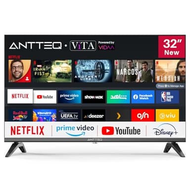 Antteq VIDAA 32 Pollici Smart TV HD (Televisore 81cm), Senza Cornice, DAZN/YouTube/Netflix/Prime video,Triple Tuner DVB-C/S/S2/T/T2, WiFi, HDMI, HEVC 10, Dolby Audio