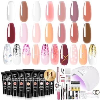 ROSALIND Set Unghie Gel Ricostruzione, 14 Colori Kit Unghie Gel Completo con 48W UV/LED Lampada + Fresa per Unghie, Kit Gel Ricostruzione Unghie Poly Unghie Gel con Base y Top Coat