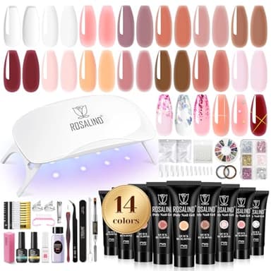 ROSALIND Kit Unghie Gel Completo, Kit Gel Ricostruzione Unghie 14 Colori con Mini UV/LED Lampada, poligel per Unghie con Base y Top Coat, Nail Art Estensione delle Unghie Kit