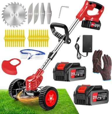Decespugliatore a Batteria 21V Tagliabordi a Batteria, Tagliabordi Elettrico con 2 4.0Ah Batterie e 4 Tipi di Lame, Ruote Rimovibili, Decespugliatori da Giardino Altezza Regolabile per Prati, Arbusti