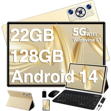 DEERTiME 2025 Newest Tablet Android 14 10.1 Pollici 22GB RAM+128GB ROM(TF 1TB), 8-Core 2.0 GHz/5G WiFi/8000mAh/Corpo Metallico/BT5.0/5+8MP/Face ID/FHD/GPS Tablet con Tastiera e Mouse - Oro