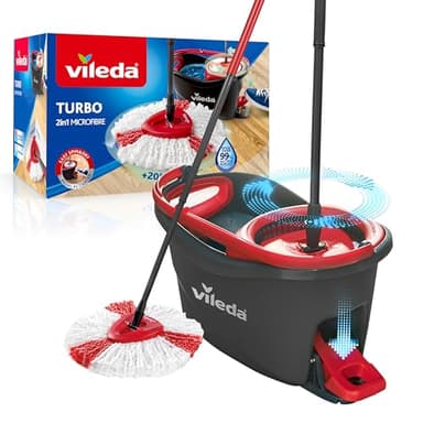 Vileda Turbo Mop Easy Wring & Clean con Secchio a Pedale, Manico Telescopico 85-130 cm, Scopa con Tergicristallo Rotante, Mocio in Microfibra 2 in 1, Scopa a Pedale e Secchio, colore Grigio