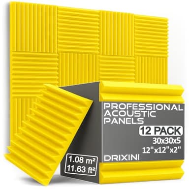 DRIXINI Pannelli acustici 30 x 30 x 5 cm - Schiuma fonoassorbente professionale per studio, podcast, casa e ufficio - set da 6-48 pezzi con nastro - smorzamento del riverbero e decorazione 3D (giallo