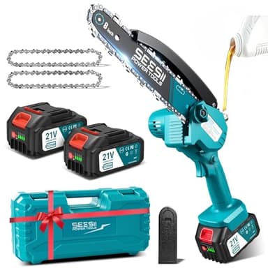 SEESII 8 Pollici Mini Motosega a Batteria 2x4000mAh, Motosega Elettrica con Iniettore Lubrificante e Catena di Ricambio, Sega a Batteria per Potatura Per il Giardinaggio e il Taglio della Legna