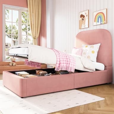 odikalo Letto Singolo 90 x 200 cm, Letto Imbottito, Letti per Bambini, Letti con Funzione Idraulica, con Rete a Doghe, Testiera e Ampio Spazio Contenitore, Velluto, Rosa (Materasso non Incluso)