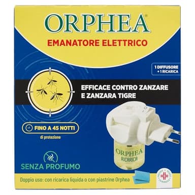 Orphea Insetticida, Emanatore Elettrico Contro gli Insetti, Senza Profumo, Emanatore + 1 Ricarica Liquida 30 ml, fino a 45 notti