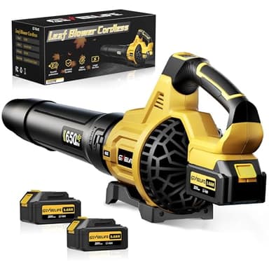 GEVEELIFE Soffiatore elettrico a batteria, 20 V, 257 km/h, con batterie a 3 marce e 2 batterie da 5 Ah, per giardino, foglie, polvere e neve (batteria inclusa), giallo