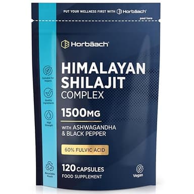Shilajit Himalayano Puro 1500 mg | 60% di Acido Fulvico | 120 Capsule Vegane | Integratore Alimentare di Estratto di Shilajit dalla Fonte Himalayana | Alto Dosaggio | Shilajit Complex | Horbaach