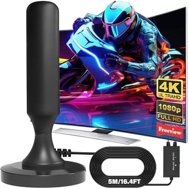 Antenna TV Interna 2026 Antenna TV Interna Amplificata Potente, Terrestre con 500 km di Ricezione con Base Magnetica, Amplificatore di Segnale Support 4K HD/1080P per HDTV (black)