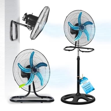 Ulan Ventilatore 3 in 1 con Montaggio a Piantana, da tavolo e terra o Parete in Acciaio con 3 Velocità Regolabili Oscillazione e Altezza Regolabile Pala 44 cm Griglia 50 cm Potenza 50W