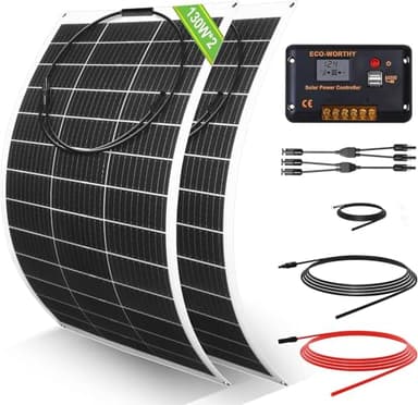ECO-WORTHY Kit pannello solare flessibile da 260 Watt 12 Volt indipendente dalla rete: 2 pezzi pannello solare da 130 W + display LCD da 30 A + cavo solare da 5 m per roulotte, camper, barca, cabina,