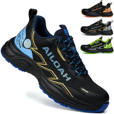 UOQC Scarpe Antinfortunistiche Uomo Leggere Donna Scarpe da Lavoro Traspiranti Comode Scarpe con Punta in Acciaio Antiscivolo, Resistenti agli Urti E alle Punture Scarpe Protettive Blu Taglie 44