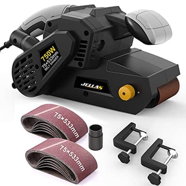 Jellas Levigatrice a Nastro, 750W 10 Nastri Abrasivi 75 x 533 mm Levigatrice Elettrica con Controllo della Velocità Variabile, Adattatori Vuoto 2 in 1, BS02