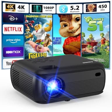 4K Proiettore 1080P Nativo 2025 Proiettore Portatile con Smart TV OS Apps integrate, 450ANSI, Altoparlanti stereo, WiFi 6, Bluetooth 5.2 Proiettore Compatible con TV Stick/Smartphone/HDMI, Nero