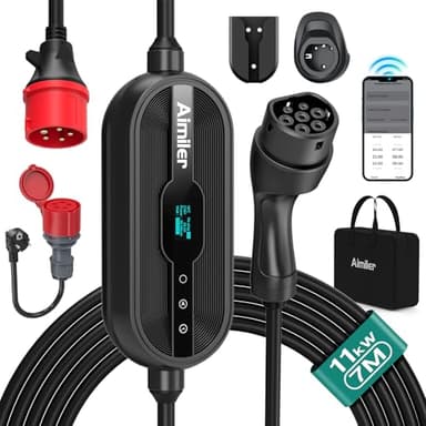 AIMILER Wallbox 11kW (8-16A 400V) con Gestione App e OLED, Colonnina Ricarica Auto Elettrica Trifase, Cavo Tipo 2 Incorporato, Protezione IP66 & CA/CC, Compatibile Model Y/3, Q4, e-208, 500e EV/PHEV