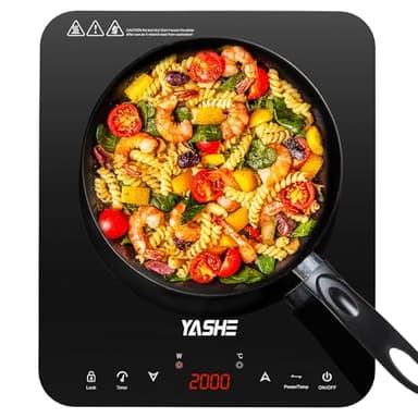 YASHE Piastra induzione – Piastra a induzione portatile a piano singolo, 10 impostazioni di potenza e 10 di temperatura, piastra a induzione da 2000 Watt, timer, blocco di sicurezza, facile da pulire