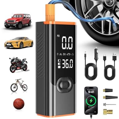 180 PSI Electric Air Pump, 8000mAh Rechargeable Portable Compressor with Pressure Gauge and Power Bank, Electric Air Compressor Battery 12V DC with LED for Car, Motorcycle, Bicycle Ball