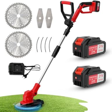 OUTIGO Tosaerba a batteria, decespugliatore a batteria, 2 batterie da 21 V (4 Ah), tagliabordi elettrico 3 in 1, manico telescopico pieghevole, decespugliatore da giardino a batteria