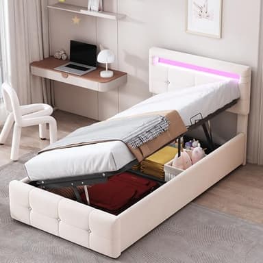 Gegtuon Letto Imbottito 90x200 cm con Illuminazione LED per Bambini, Letto Singolo con Idraulico Contenitore e Testata, Struttura Letti con Rete a Doghe per Ragazzi, senza Materasso, Velluto (Beige)