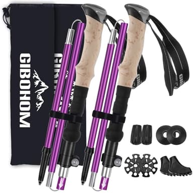 GIBOHOM Bastoncini Trekking Alluminio, 2 Pezzi Nordic Bastoni Trekking 105-125 CM Pieghevoli, Antiurto, Racchette Trekking con 4 Paia di Cuscinetto in Gomma, Borsa per Montagna Escursioni Neve, Unisex