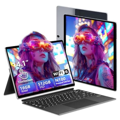 PC Portatile Touchscreen 2-in-1, Notebook 16GB RAM + 512GB SSD, Alder Lake N100 CPU, 14,1 Pollici FHD 1200P, WiFi 6+BT 5.2/Type-C / Micro HDMI, Tastiera Retroilluminata, Tablet Portatile Staccabile