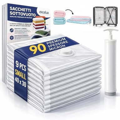 Excelux 9 Sacchetti Sottovuoto Vestiti Piccoli 30x40 cm con Pompa a Mano – Sacchetti Sottovuoto da Viaggio per Valigia, Zaino e Bagaglio a Mano – Buste Salvaspazio Premium Riutilizzabili