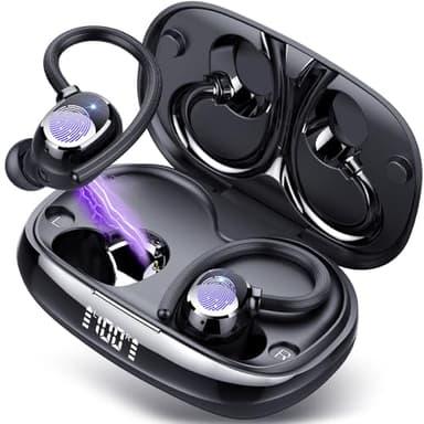 Tukio Cuffie Bluetooth 5.4 Sport, Auricolari Bluetooth Wireless HiFi con Microfono HD e Cancellazione Rumore, Cuffie Wireless con Ganci Auricolari, 80 Ore Autonomia, Display LED, IPX7 Impermeabili