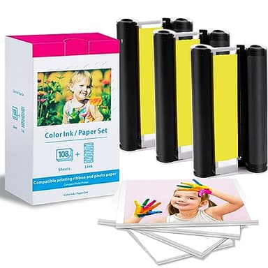 KP-108IN 3115B001(AA) CP1500 CP1300 Cartucce e Carta compatibili per Stampante Canon Selphy, Ricambio Canon Carta Fotografica (108 fogli 100x148mm) e 3 Cartuccia Colore per Canon Selphy