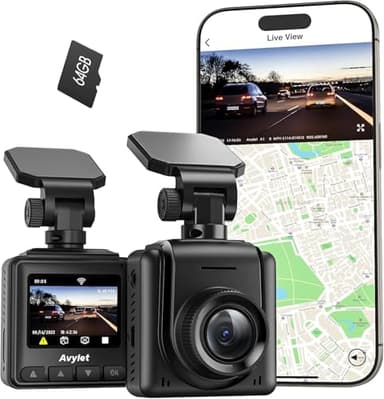 Avylet 2K Dash Cam Wi-Fi Con Scheda 64GB,Telecamera per Auto Mini con APP,Supporta Modulo GPS Esterno,Grandangolare di 170°,Visione Notturna,24H Monitor di Parcheggio,Rilevamento di Movimento,G-Sensor