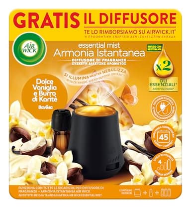 Airwick Armonia Istantanea Profumatore per Ambienti, Confezione con 1 Diffusore di Oli Essenziali e 1 Ricarica per Diffusore di Oli Essenziali, Fragranza Dolce Vaniglia e Burro Di Karitè