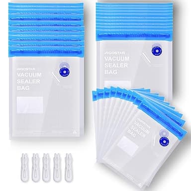 Aigostar - 30 sacchetti sottovuoto riutilizzabili senza BPA, 10 per dimensione. Adatto freezer, forno microonde, stufa vuoto. Valvola pompa sigillatrice, chiusura cerniera.