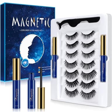 Aosun Set di ciglia magnetiche con eyeliner, 7 stili, extension magnetiche 3D, per look naturale, set di ciglia finte, impermeabili, senza colla, nero, trucco per occhi di gatto e hallow
