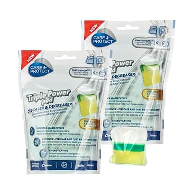 CARE + PROTECT Decalcificante e Sgrassante in Capsule Tripla Azione per Lavatrice - Lavastoviglie - Utilizzabile Durante il Ciclo Normale - Pulizia che Permette Risparmio Energetico - 12 Capsule.