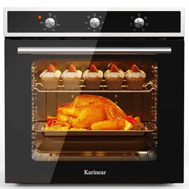 Karinear Forno Elettrico da Incasso 60L, Forni a Conventional + Convezione Ventilato a 6 Funzioni, 2200 W, 250 gradi, Inox Antimpronte, Spina, con Piastra, Griglia, Nero