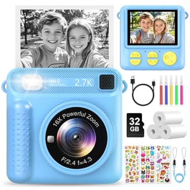 LUVTOY Macchina Fotografica Bambini Istantanea, 2.4 Pollici 1080P Fotocamera Bambini Digitale con 32GB Scheda e Carta da Stampa, Giocattolo Regalo di Natale Compleanno Bambino e Bambina 3-12 Anni