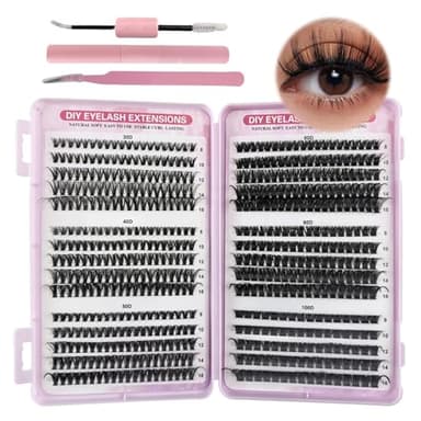 VEGCOO 570 Pezzi Ciglia Finte Ciuffetti, 30-40-50-60-80-100D Kit Extension Ciglia, Curl Ciglia Finte Ciuffetti 8-16mm, DIY Eyelash Extension Kit con Accessori