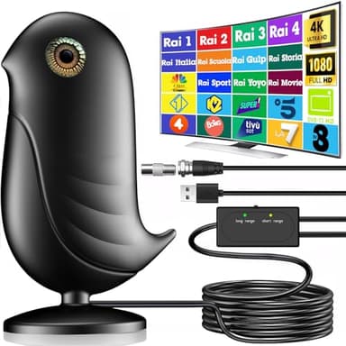 Antenna TV Interna Amplificata Potente - Antenna TV Portatile con 600 km di Distanza di Ricezione, Antenna da Interno Digitale Terrestre Supporto 4K / 1080P HDTV, Con Cavo in Rame da 5m