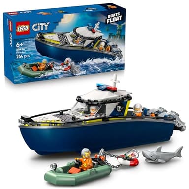 LEGO City Inseguimento del Motoscafo della Polizia – Include 2 Barche Giocattolo, 3 Minifigure e una Figura di Squalo – Regalo per Bambini e Bambine da 6 Anni in su – 60456