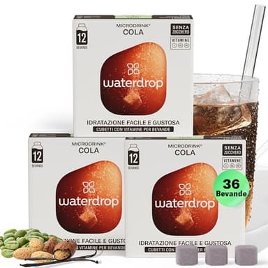 waterdrop® Set COLA Senza Zucchero, 36 waterdrop cubetti per acqua aromatizzata, con Noce di Cola e Vitamine, Ideale con Acqua frizzante come bibita alternativa, Bibite Senza Calorie, Vitamina C