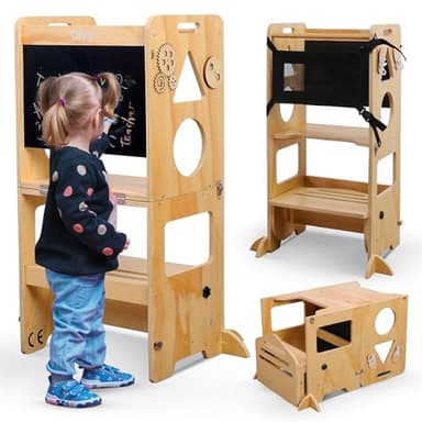 Olvy Kids 3 in 1 Montessori - Torre di apprendimento pieghevole - Scaletta in legno - 3 gradini - Torre da cucina per bambini - Torre di apprendimento in piedi a partire da 1 anno - Scala per bambini