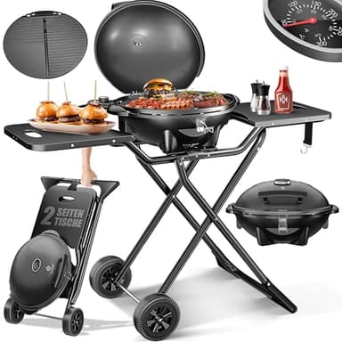 KESSER® Barbecue elettrico 2in1 Barbecue da tavolo, barbecue con coperchio e piedistallo | 2400 W max | pieghevole | termometro | rivestimento antiaderente | piastra della griglia ripiani di appoggio