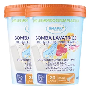 BOMBA LAVATRICE Smapiù, Detersivo in Polvere Concentrato, con Cristalli Super Profumati ai Fiori di Campo - 1 kg x 60 lavaggi - Confezione Plastic FREE - Amami BEAUTY