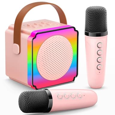 Gontence Karaoke con Microfono, Regalo Compleanno Bambina 3-12 Anni, Karaoke per Bambini con 2 Microfoni Wireless, Luce LED e Cambia Voce, Giocattolo Karaoke per Ragazzi e Ragazze 3-15 Anni