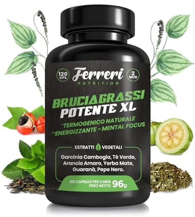 Brucia Grassi Potenti Veloci. Bruciagrassi Potente XL. 120 caps. Termogenico Naturale, Dimagrante, Mental Focus, Pre Workout. Garcinia Cambogia, Tè Verde, Arancio Amaro, Yerba Mate, Guaranà.