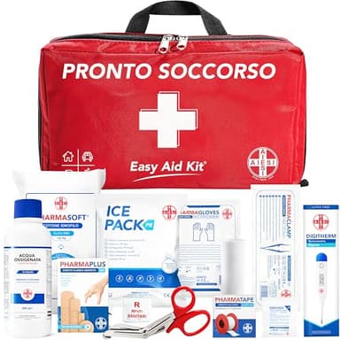 AIESI® Kit di Pronto Soccorso professionale con TERMOMETRO e DISINFETTANTE per auto casa viaggio barca moto trekking EASY AID KIT, Borsa di emergenza completa per medicazione, Made in Italy