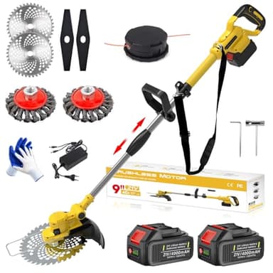Decespugliatore a Batteria 21V, Tagliabordi a Batteria 4 In 1, con 2 Batterie 4,0 Ah, Maniglia Telescopica, Testa Girevole 90°, 2 Spazzola per Erbacce, 20 Taglio Linee, 4 Lame in Lega, per Potatura